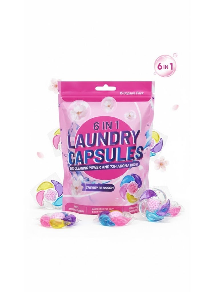 كبسولات غسيل مركزة 6 في 1 تنظّف بعمق، تزيل البكتيريا والروائح حتى 99.9٪، وتترك رائحة زهور الكرز المنعشة تدوم حتى 72 ساعة على الملابس، مناسبة للغسالات الأوتوماتيك والهاف أوتوماتيك. - Image 3